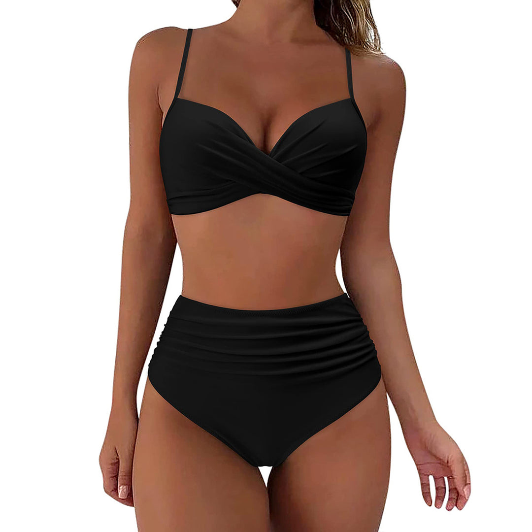 Women's High-Waisted Bikini Set with Floral Top and Gathered Bottom StylebySassy