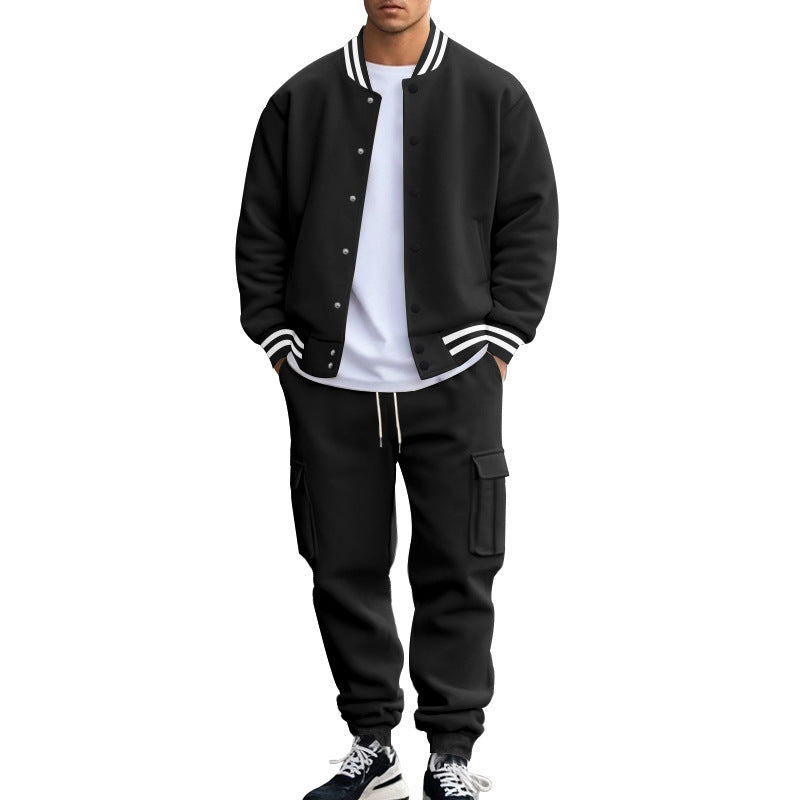 Men's sporty college two-piece made of heavy sweat with ribbed cuffs, snap-button bomber jacket and cargo jogger StylebySassy