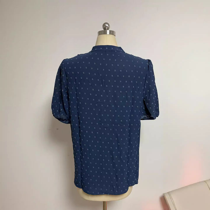 Women's semi-transparent Dobby blouse with stand-up collar, crochet trim, and puff sleeves StylebySassy