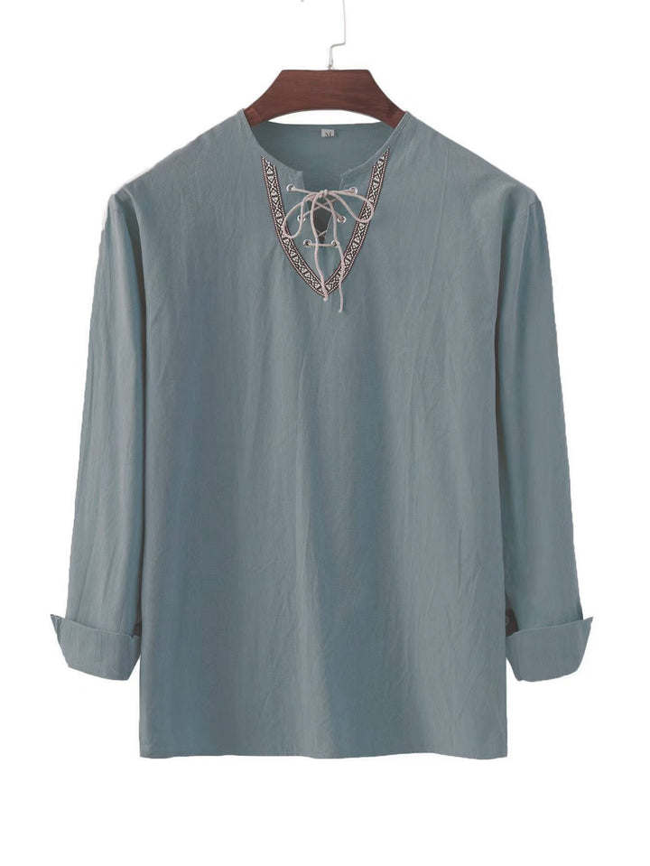 Men's linen tunic shirt with lacing and ethnic border StylebySassy