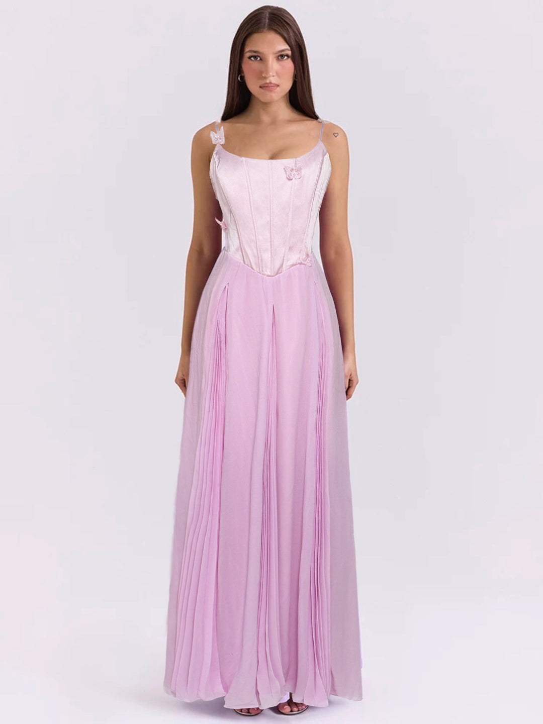 Women's bodycon corset maxi dress with butterfly straps and pleated chiffon skirt StylebySassy