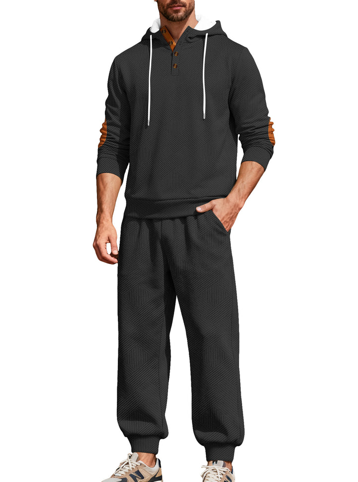 Men's textured hoodie jogging set with Henley button placket and contrast elbow patches StylebySassy