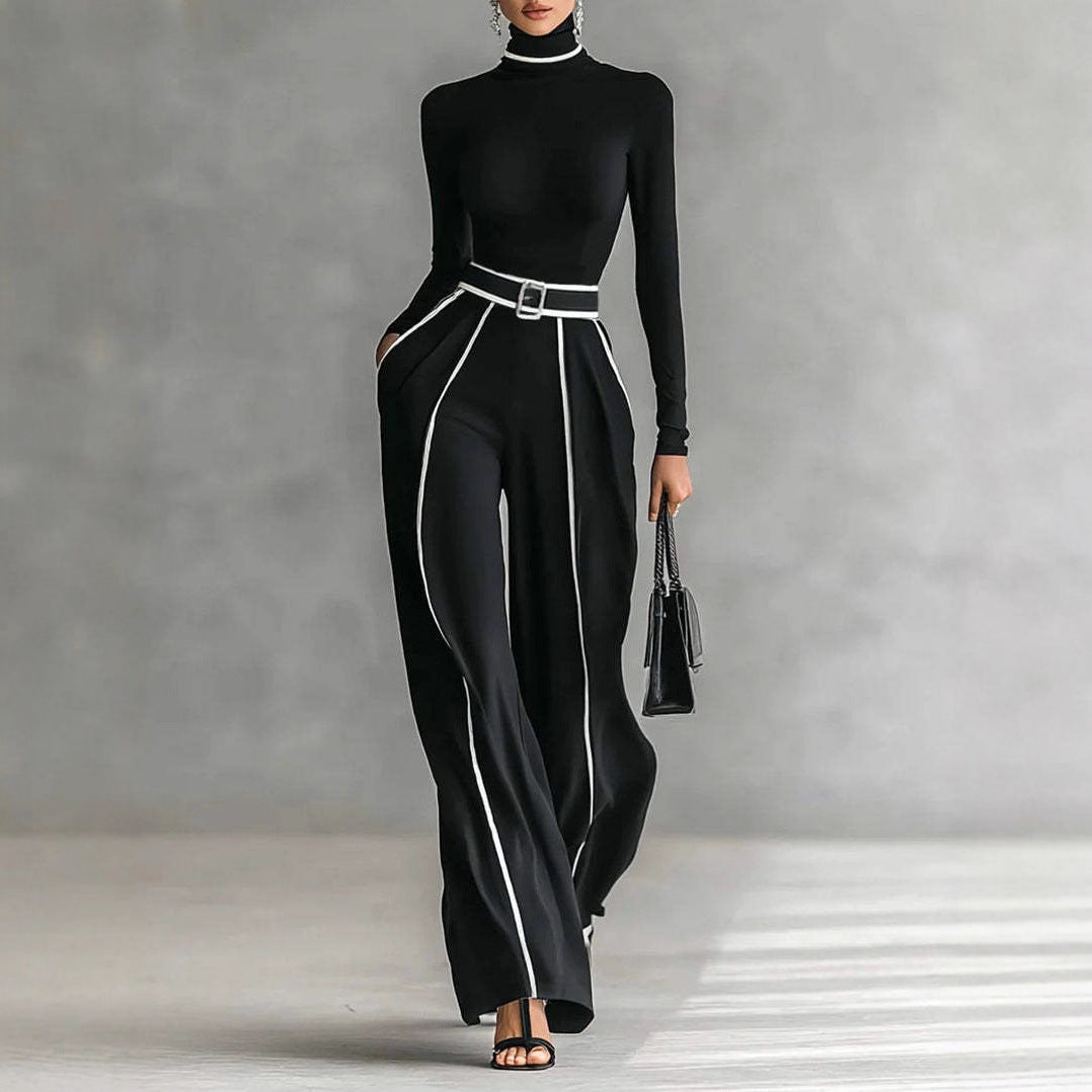 Ladies' elegant knit set with fitted turtleneck top and wide pleated trousers with waistband StylebySassy