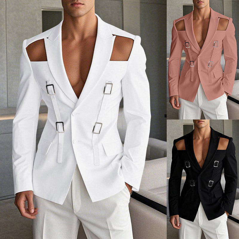Men's avant-garde blazer with shoulder cutouts and buckle straps StylebySassy
