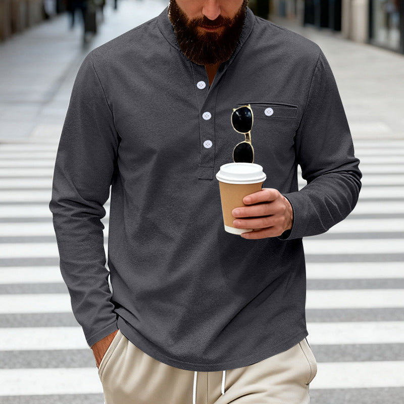 Men's casual long-sleeve Henley shirt made of cotton blend with chest pocket StylebySassy