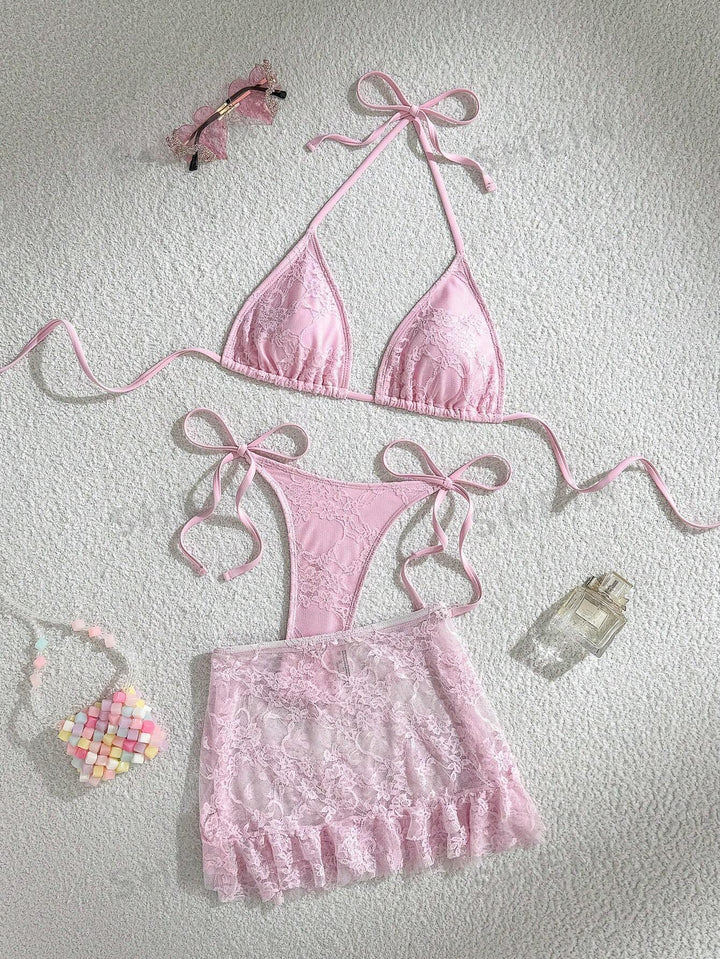 Ladies Lace Bikini with Floral Design and Flowing Skirt StylebySassy