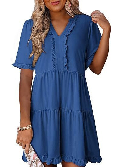 Women's lightweight swing dress with V-neck, tiered skirt and delicate ruffles StylebySassy