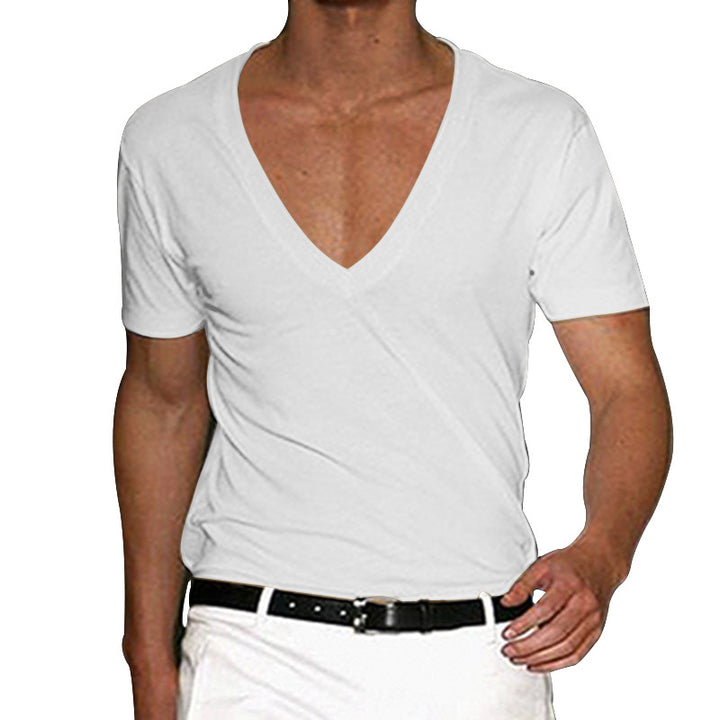 Men's deep V-neck short sleeve shirt made of cotton stretch with a tailored fit StylebySassy