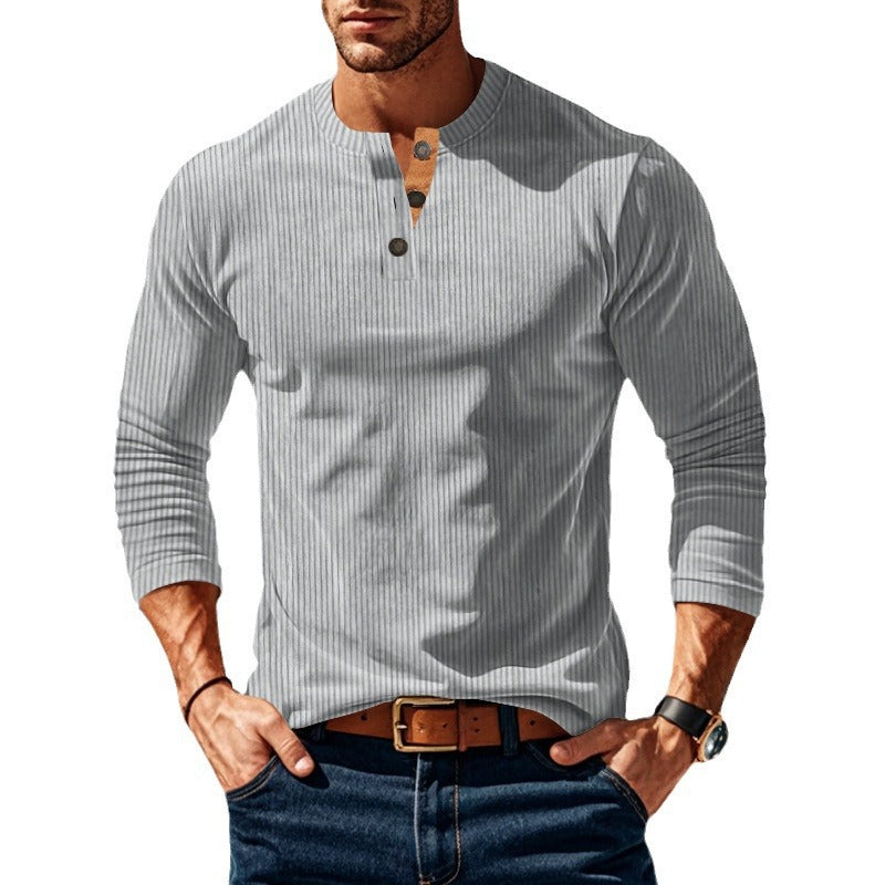Men's knitted long sleeve henley pullover with short stand-up collar and decorative button placket StylebySassy