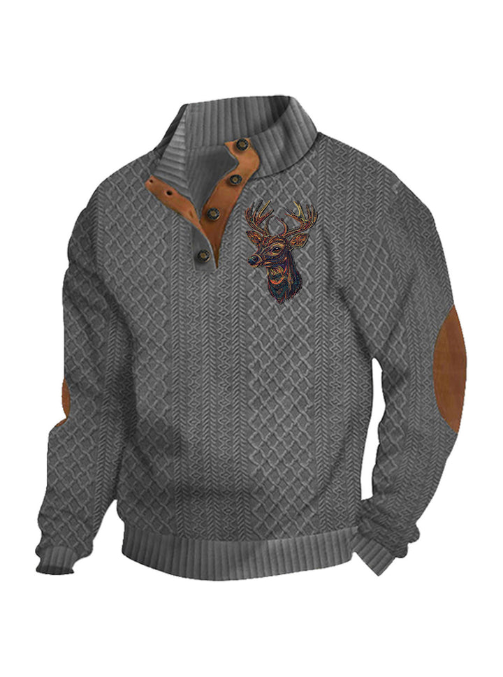 Men's nan Heritage textured pullover with stand-up collar faux leather trim elbow patches and half-button placket StylebySassy