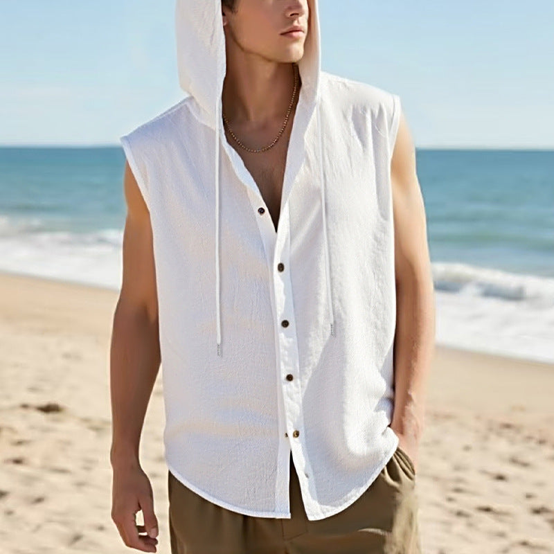 Men's sleeveless hooded shirt in linen look with wooden button placket StylebySassy