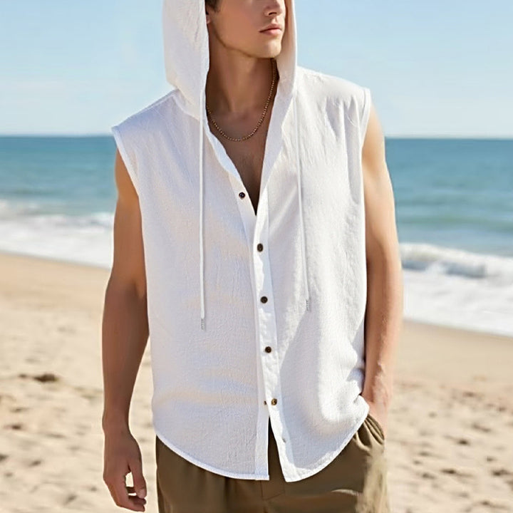 Men's sleeveless hooded shirt in linen look with wooden button placket StylebySassy