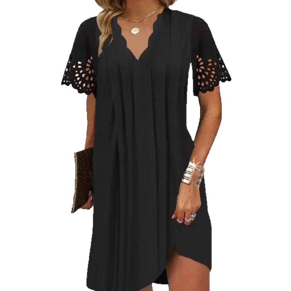 Women's A-line short dress with wavy V-neck, lace embroidery sleeves and asymmetrical hem StylebySassy