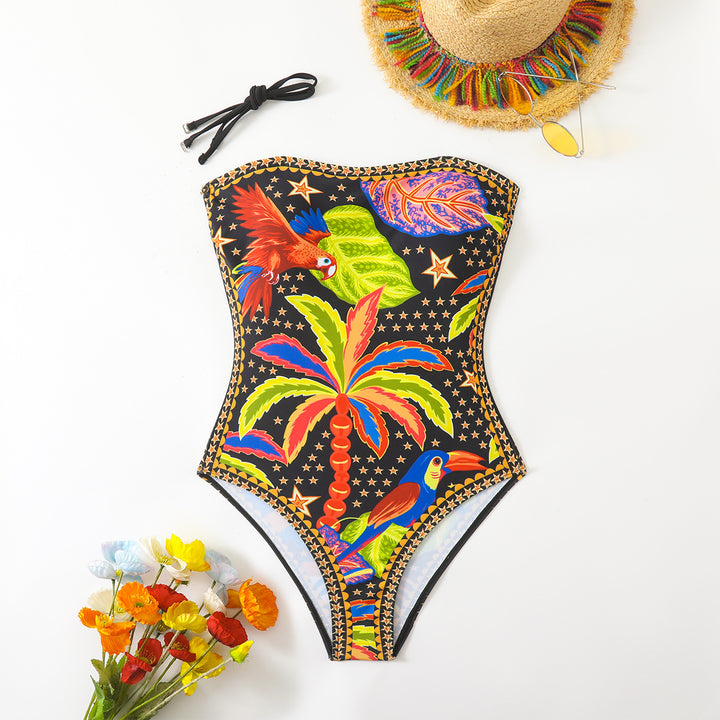 Women's One-Piece Swimsuit with Tropical Pattern and Deep Neckline StylebySassy