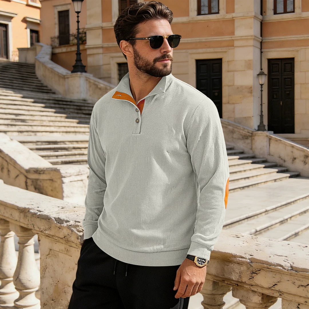 Men's fine ribbed knitted pullover with polo collar button placket and elbow patch StylebySassy