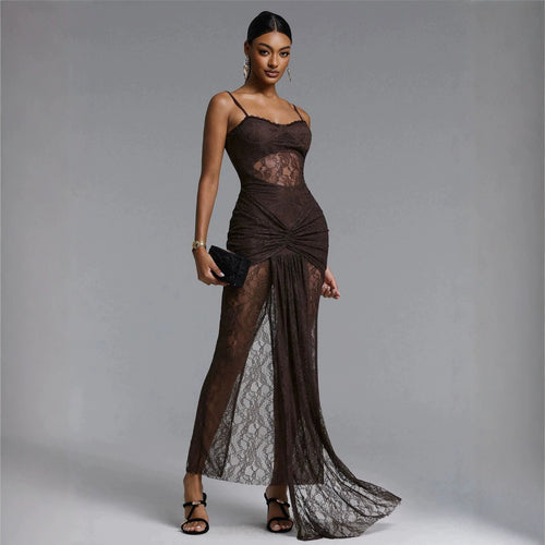 Women Elegant Lace Maxi Dress with Sophisticated Draping StylebySassy
