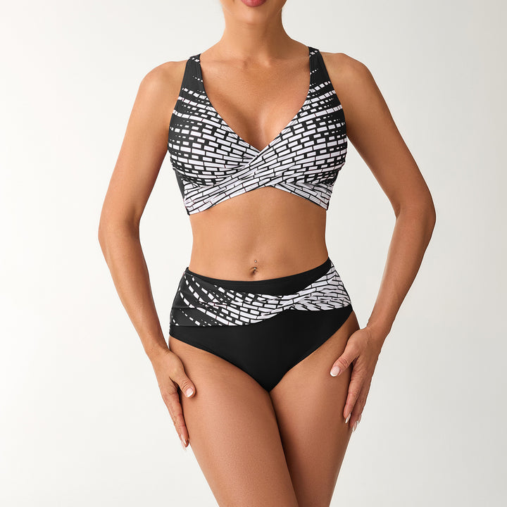 Women's High-Waisted Bikini Set with Laced Top and Graphic Accents StylebySassy