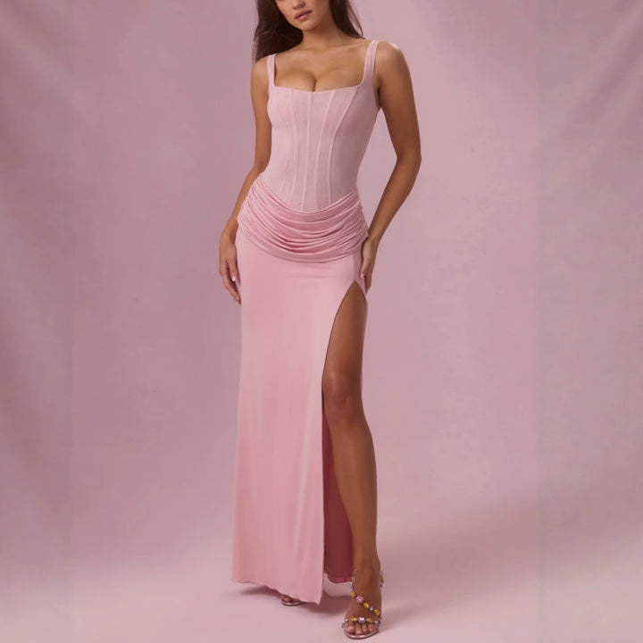 Ladies Charming Maxi Dress with Structured Corset and High Slit StylebySassy