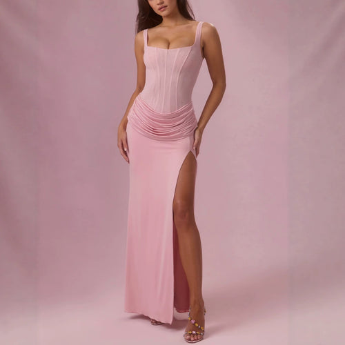 Ladies Charming Maxi Dress with Structured Corset and High Slit StylebySassy