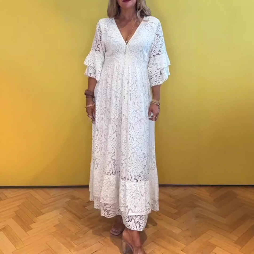 Women’s Boho Lace Maxi Dress with V-Neck, Underbust Seam, and Tiered Ruffle Sleeves StylebySassy