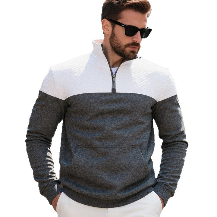 Men's quilted shoulder yoke half-zip sweater with kangaroo pocket and stand collar StylebySassy