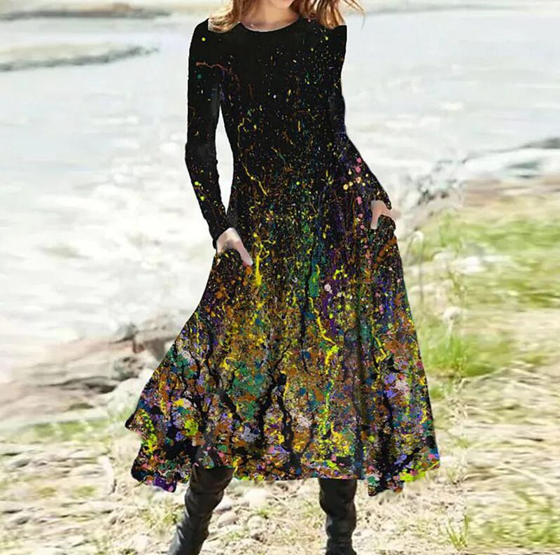 Women's A-line midi dress with abstract spray pattern, round neckline, long sleeves and side pockets StylebySassy