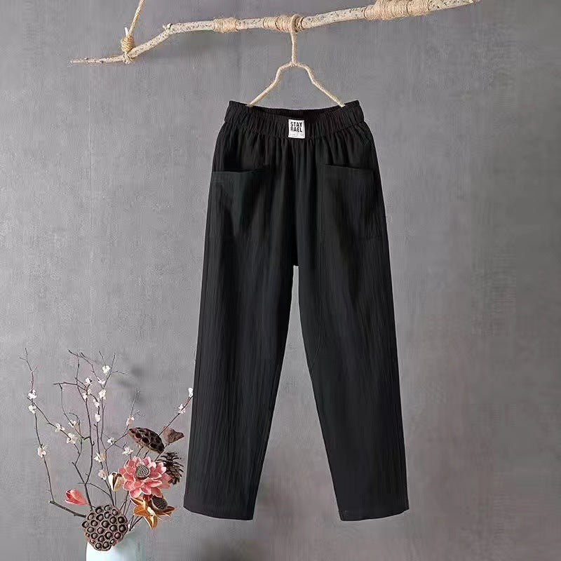 Women's straight-cut linen-look pants with elastic waistband and patch front pockets StylebySassy