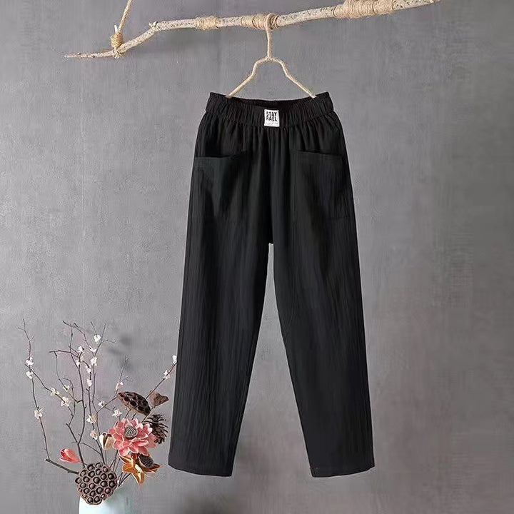 Women's straight-cut linen-look pants with elastic waistband and patch front pockets StylebySassy
