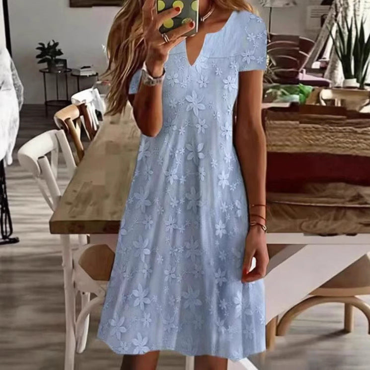 Women's knee-length A-line dress made of cotton blend with embroidered broderie overlay, short sleeves and V-neck StylebySassy
