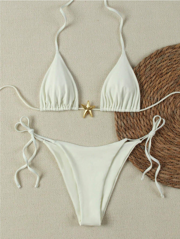 Women's Triangle Bikini Set with Adjustable Straps and Decorative Jewelry Element StylebySassy