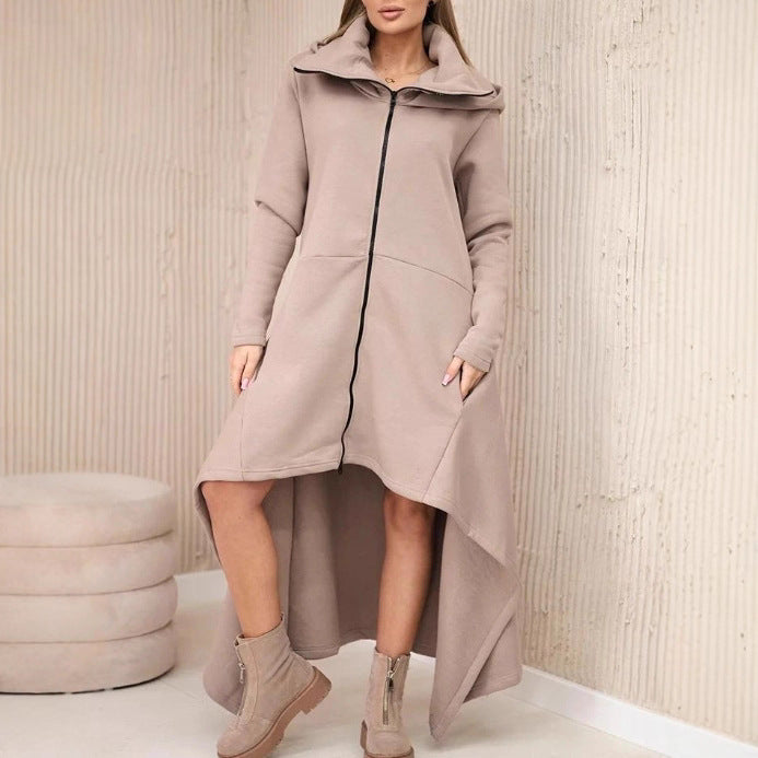 Women's nan asymmetrical sweatshirt dress with high stand-up collar, full-length zipper and extended back hem StylebySassy