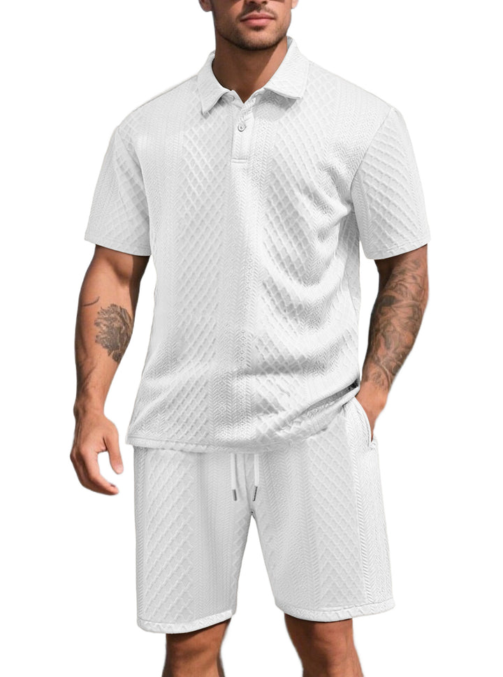 Men's three-dimensional relief leisure set with polo collar, concealed button placket and elastic drawstring shorts StylebySassy