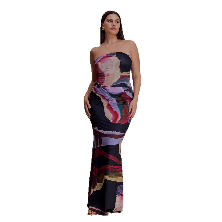 Women's Strapless Maxi Dress with Flowing Fabric and Artistic Print StylebySassy