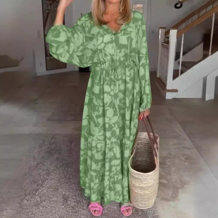 Ladies airy tiered maxi dress with V-neck tunnel waist and balloon sleeves StylebySassy