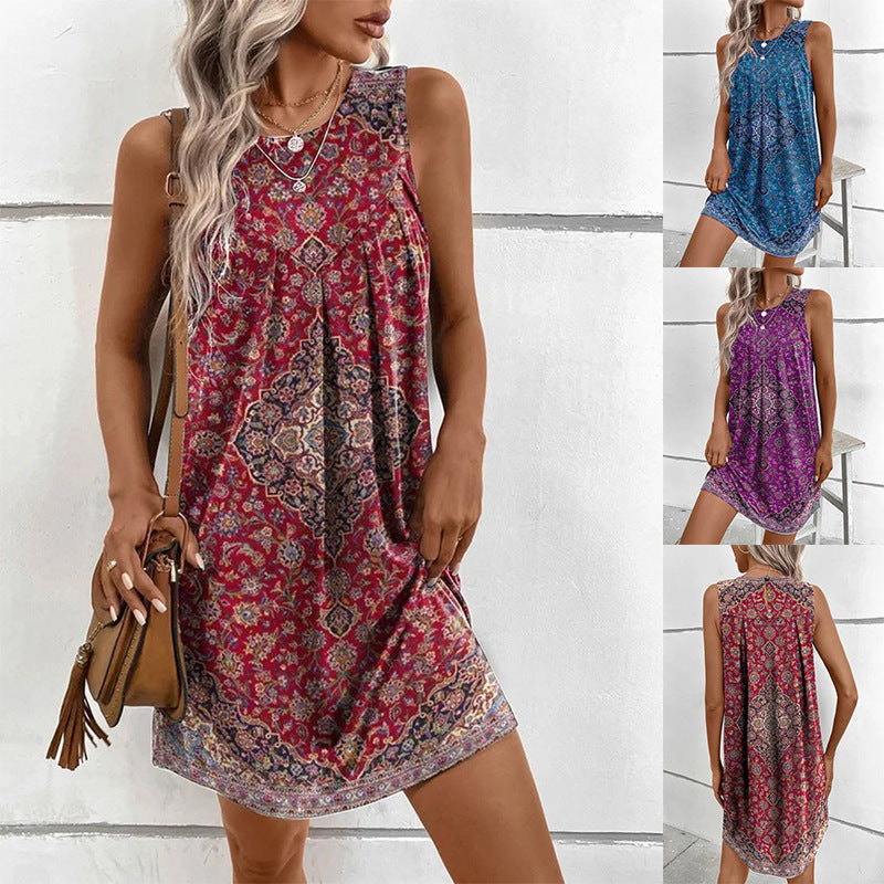 Women's sleeveless mini dress in medallion print with loose A-line cut StylebySassy