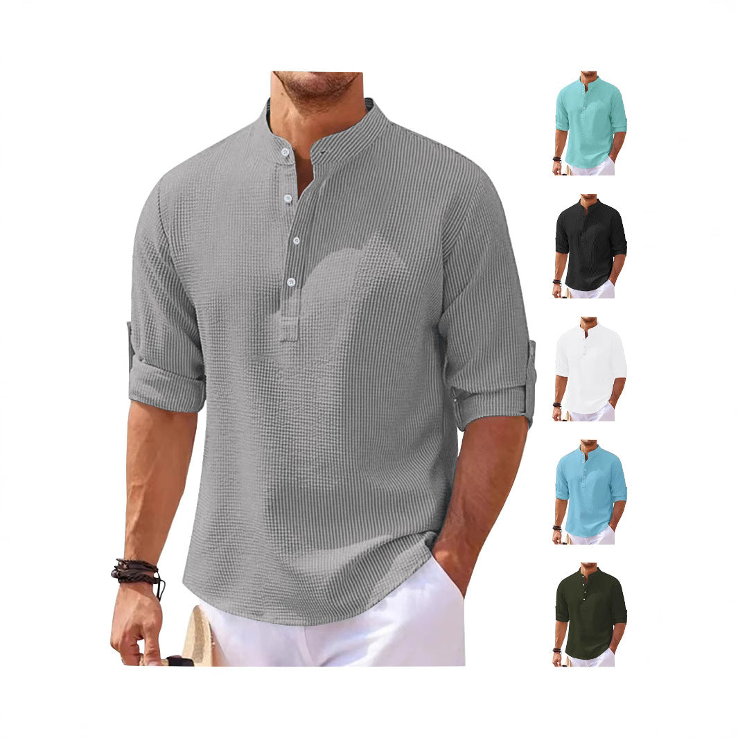Women's oversized long sleeve Henley with stand-up collar waffle texture and sleeve fastening StylebySassy