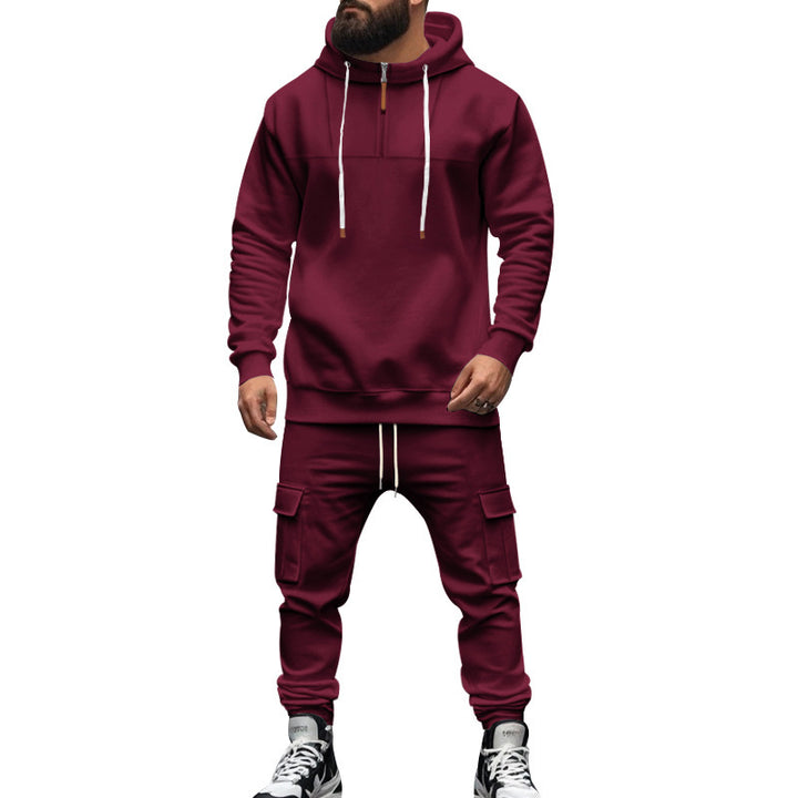 Men's cargo-style hooded sweatshirt and jogger set with short chest zipper and flap pockets StylebySassy