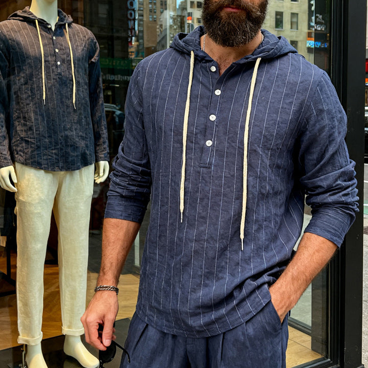 Men's linen blend hoodie shirt with half button placket and pinstripes StylebySassy