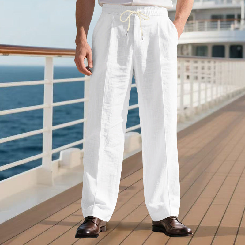 Men's light linen pleated trousers with elastic waistband and drawstring StylebySassy