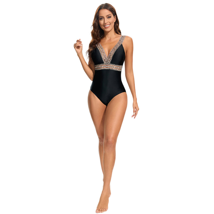 Women's Elegant One-Piece Swimsuit with Deep V-Neck and Sparkling Accents StylebySassy