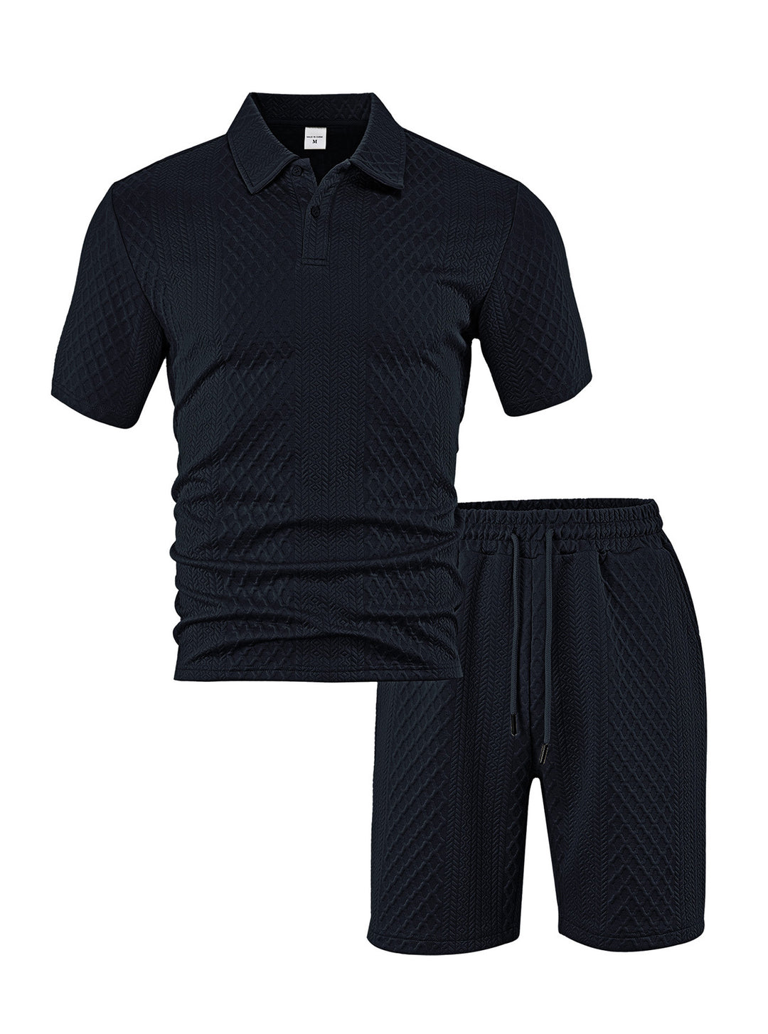 Men's elegant leisure two-piece made of textured knit with polo collar short-sleeve shirt and drawstring Bermuda StylebySassy