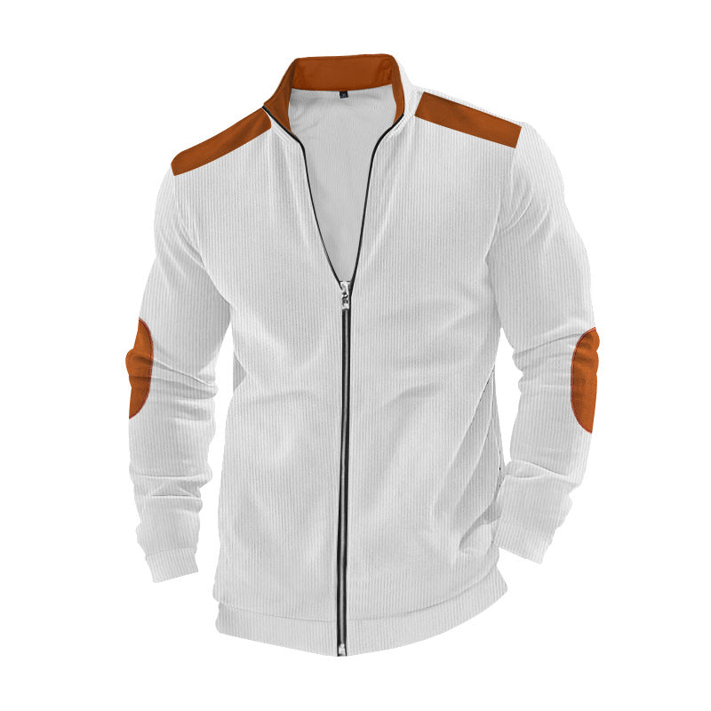 Men's ribbed leisure jacket with stand-up collar, full-length zipper and elbow and shoulder patches StylebySassy