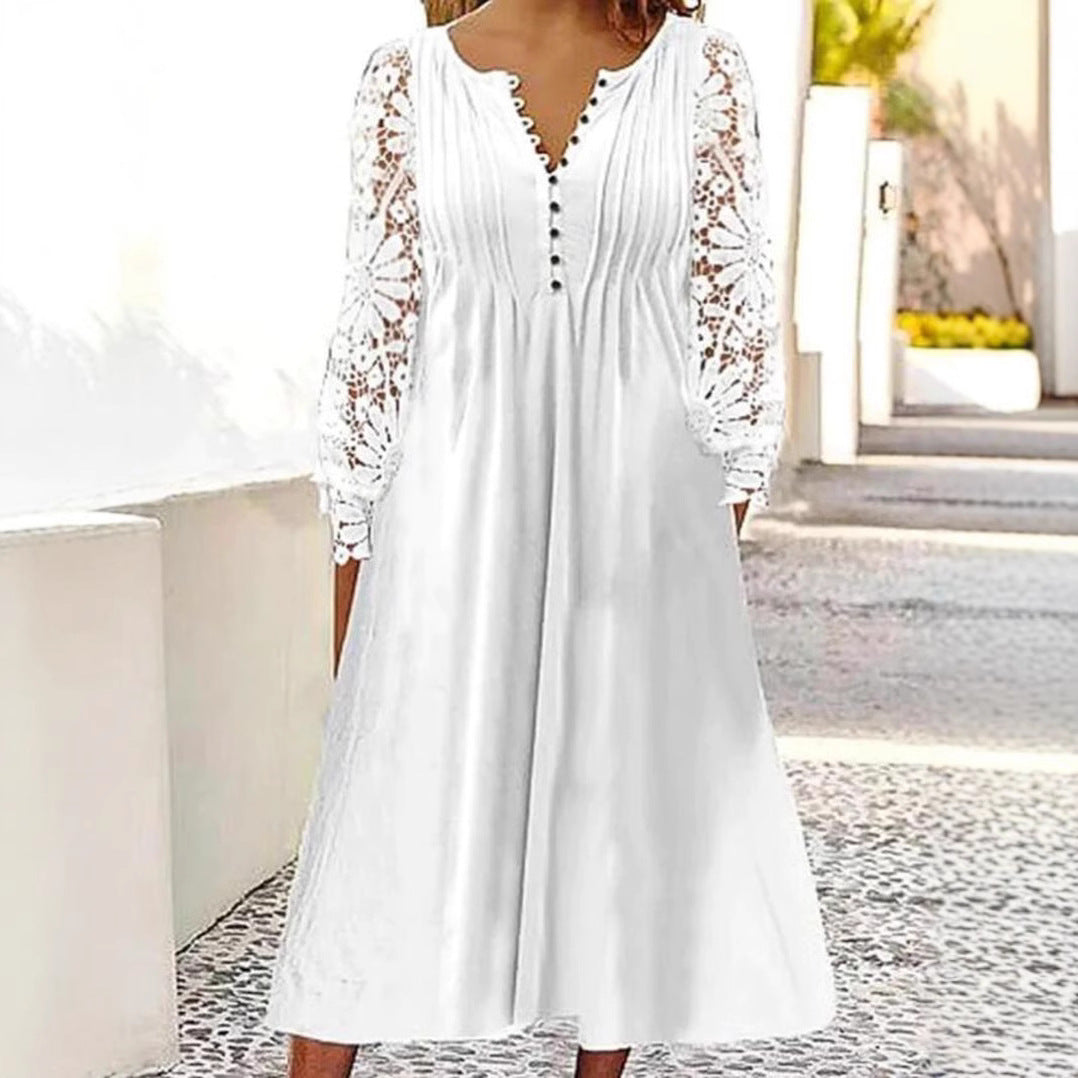 Ladies' knee-length A-line summer dress with crocheted long sleeves, pleated bodice and decorative button placket StylebySassy