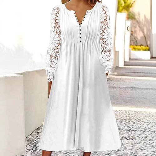 Ladies' knee-length A-line summer dress with crocheted long sleeves, pleated bodice and decorative button placket StylebySassy