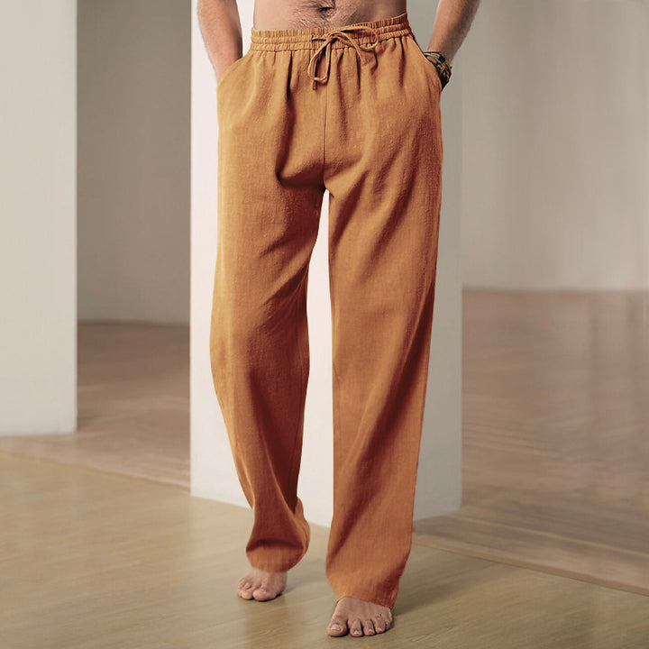 Men's comfortable linen-cotton blend relaxed pants with straight leg, elastic waistband, and concealed side pockets StylebySassy