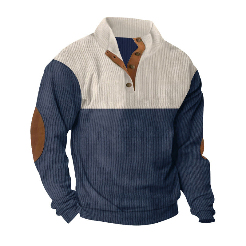 Men's casual knitted sweater with button placket, stand-up collar and elbow patches StylebySassy