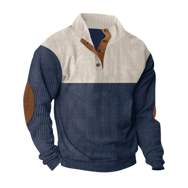 Men's casual knitted sweater with button placket, stand-up collar and elbow patches StylebySassy