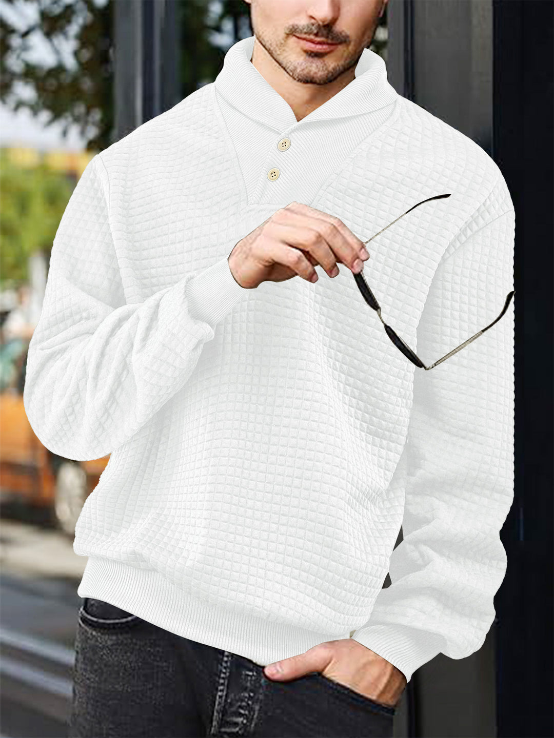 Men's elegant knitted pullover with shawl collar, button placket at neckline and check waffle texture StylebySassy