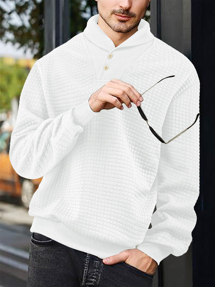 Men's elegant knitted pullover with shawl collar, button placket at neckline and check waffle texture StylebySassy