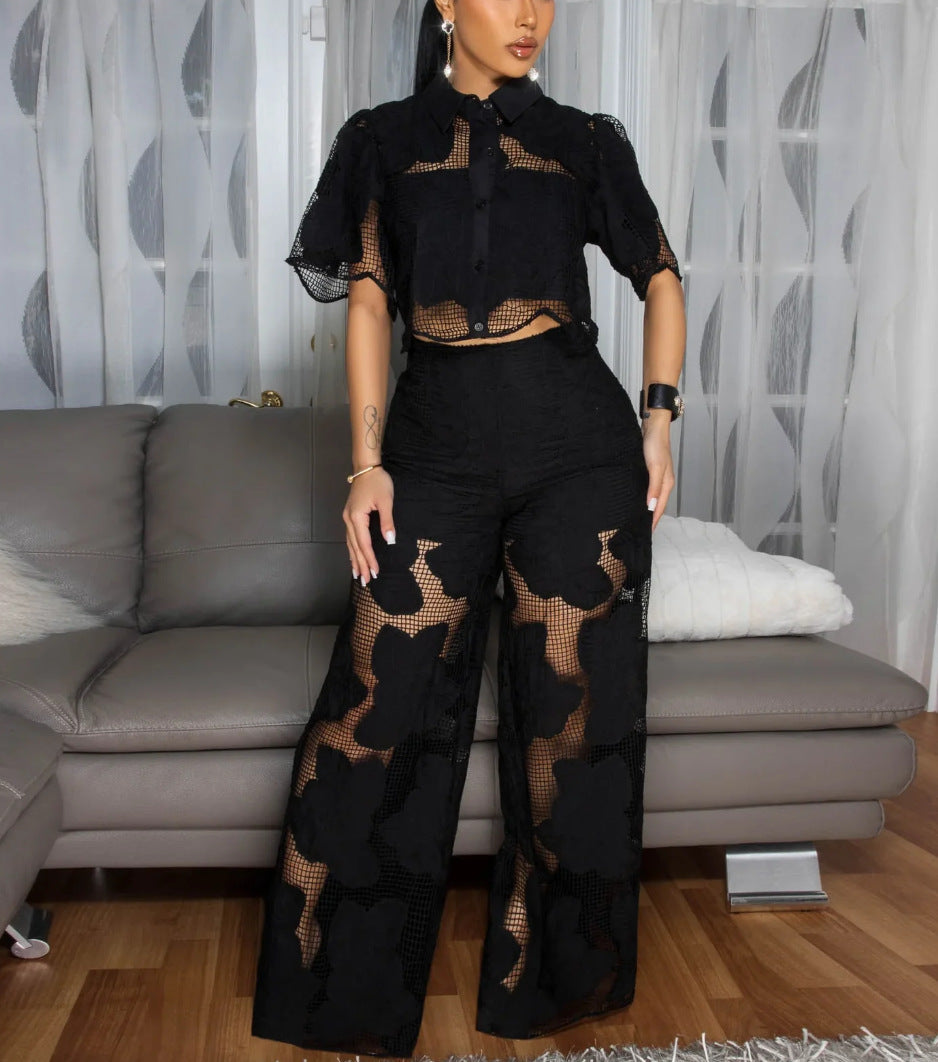 Women's short-cut shirt blouse made of floral lace with high-cut wide-leg pants StylebySassy